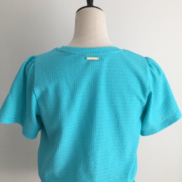 MICHAEL KORS Turquoise Blue Textured Gold Logo Hardware Drawstring Waist Shirt - Picture 10 of 11